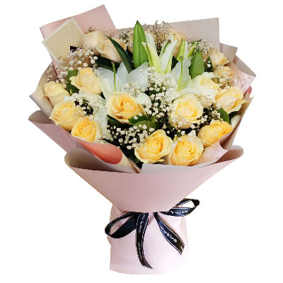 汕头17朵香槟玫瑰百合,爱不惧风雨