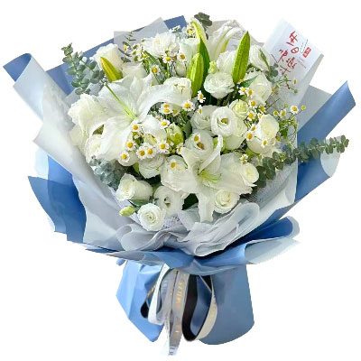 汕头11朵白玫瑰桔梗百合，爱永恒不息