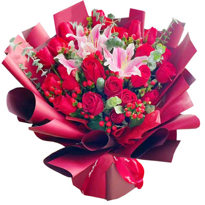 汕头22朵红玫瑰百合，爱的火焰