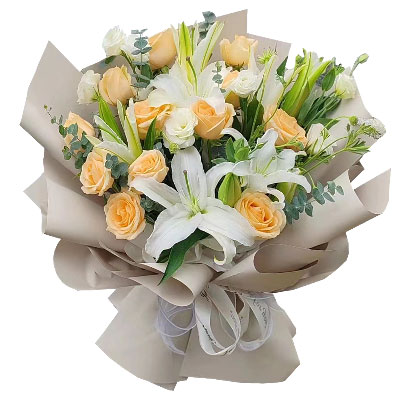 汕头12朵香槟玫瑰百合，爱永远陪伴着你