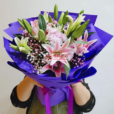 汕头6支粉色多头百合，真诚的问候